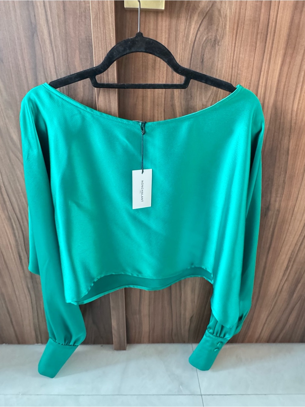 Nonchalant Silk TopGreen Satin Boatneck Long-Sleeve Crop Top
